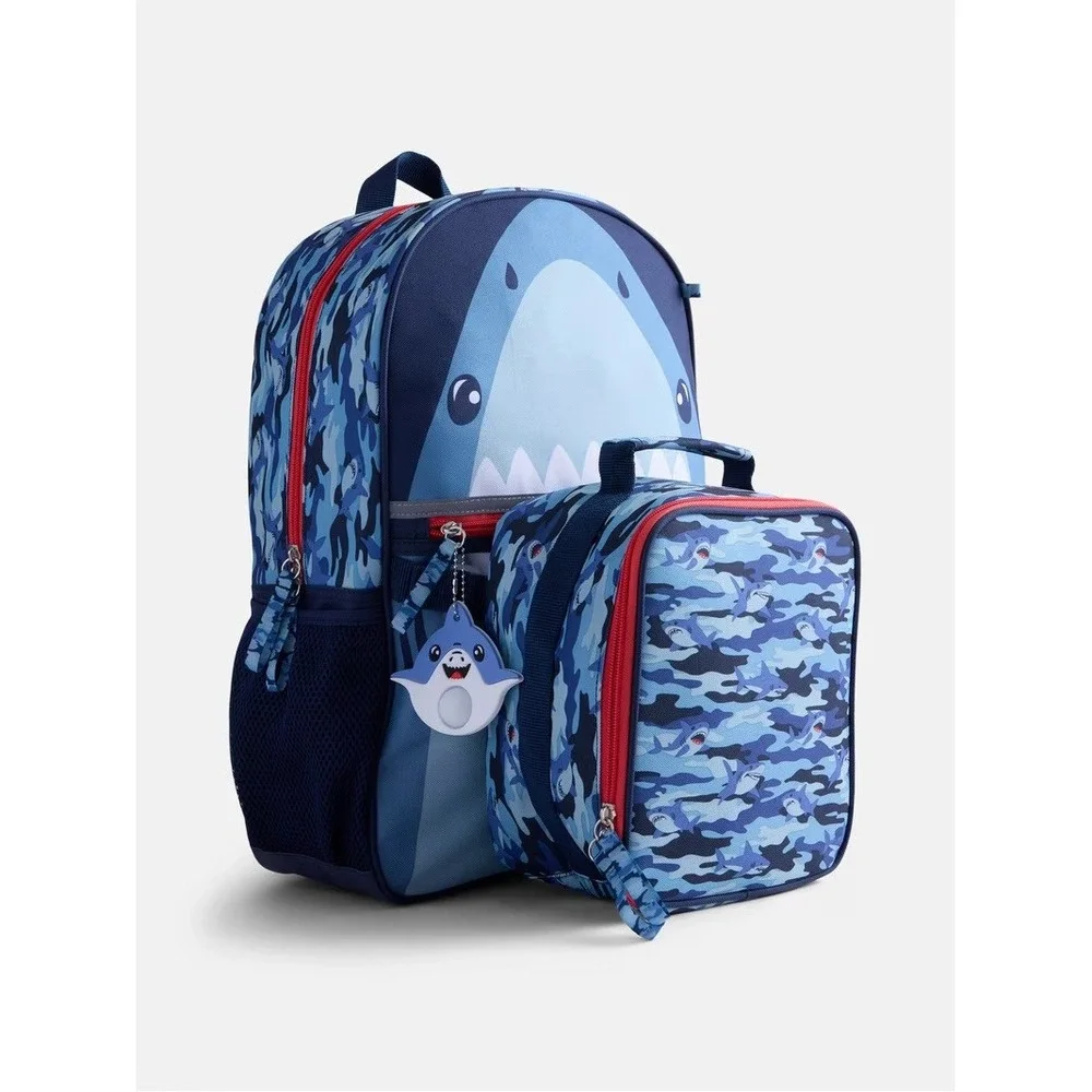Cat & Jack Shark 4 Piece Backpack Set Blue Camo Lunch Bag Pencil Pouch Keychain